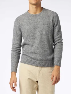 Maglia da uomo in lana stretch grigio mélange con ricamo St. Barth