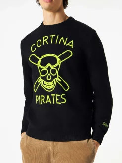 Maglia da uomo nera ricamo Cortina Pirates fluo