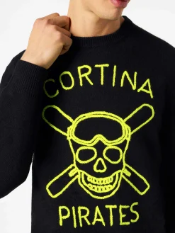 Maglia da uomo nera ricamo Cortina Pirates fluo