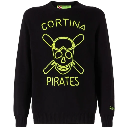 Maglia da uomo nera ricamo Cortina Pirates fluo