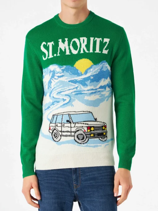 Maglia da uomo verde con stampa cartoline di St.Moritz