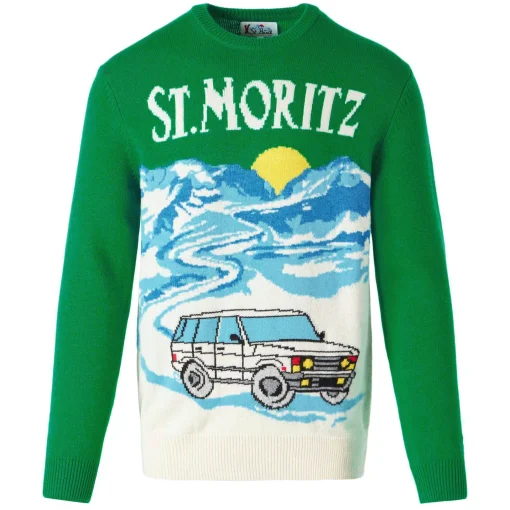 Maglia da uomo verde con stampa cartoline di St.Moritz