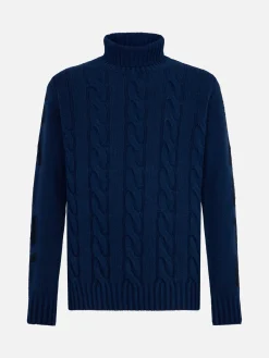 Maglia da uomo vintage blu intrecciata a collo alto pesante