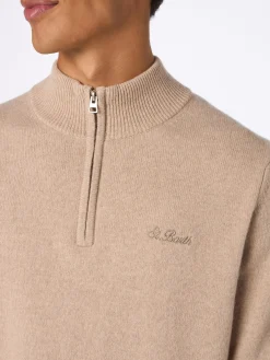 Maglione beige in lambswool con cerniera a un quarto da uomo Jermyn