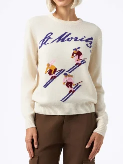 Maglione bianco da donna New Queen jacquard print St. Moriz ski girls | ST. MORITZ TOP OF THE WORLD SPECIAL EDITION