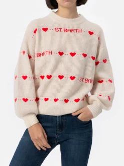Maglione bianco da donna a coste Danya con stampa a cuore