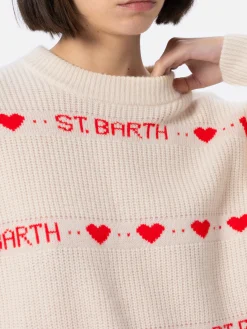 Maglione bianco da donna a coste Danya con stampa a cuore