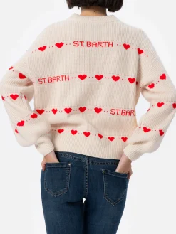 Maglione bianco da donna a coste Danya con stampa a cuore