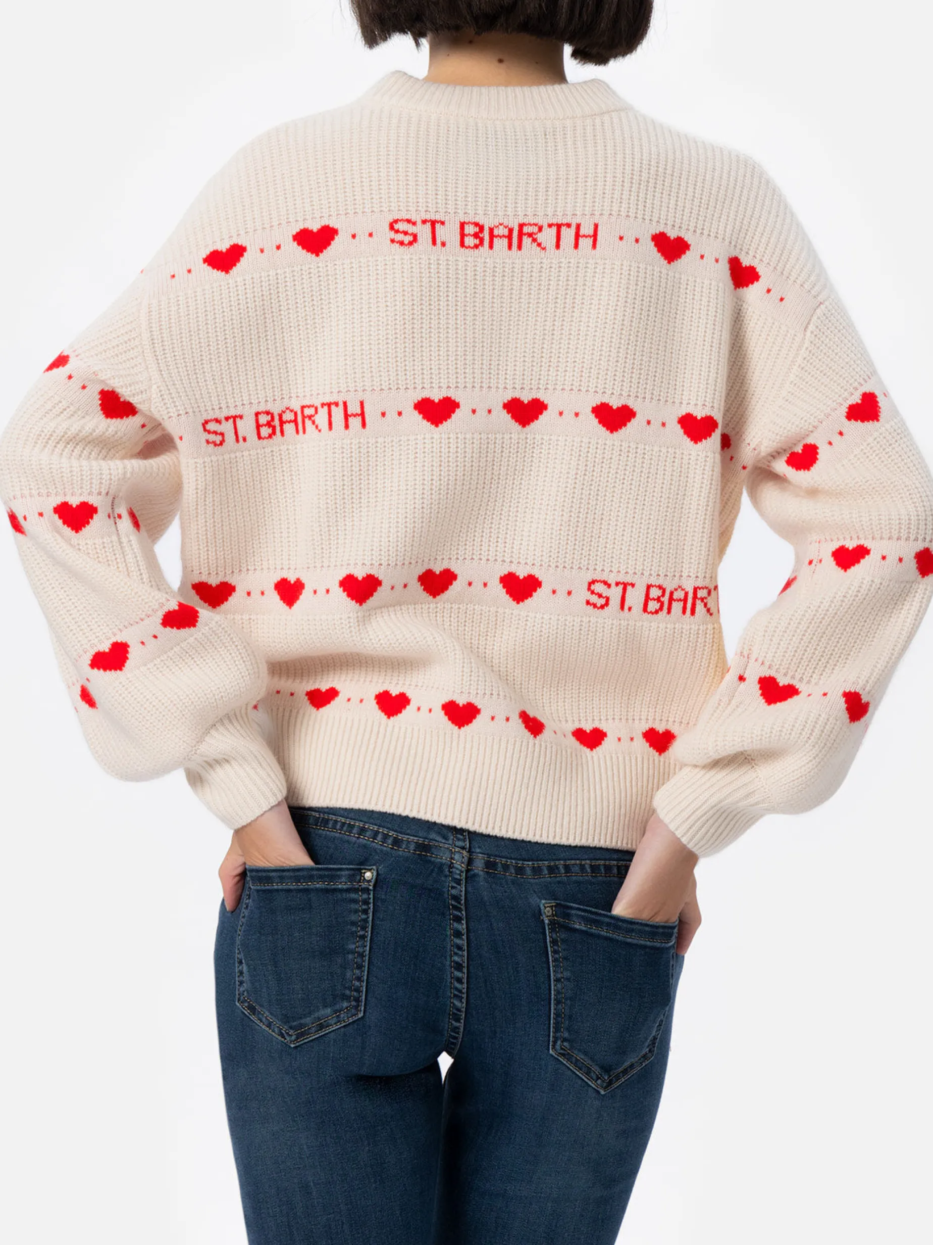 Maglione bianco da donna a coste Danya con stampa a cuore