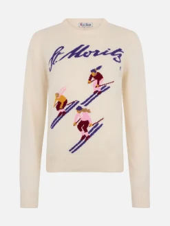 Maglione bianco da donna New Queen jacquard print St. Moriz ski girls | ST. MORITZ TOP OF THE WORLD SPECIAL EDITION