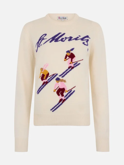 Maglione bianco da donna New Queen jacquard print St. Moriz ski girls | ST. MORITZ TOP OF THE WORLD SPECIAL EDITION