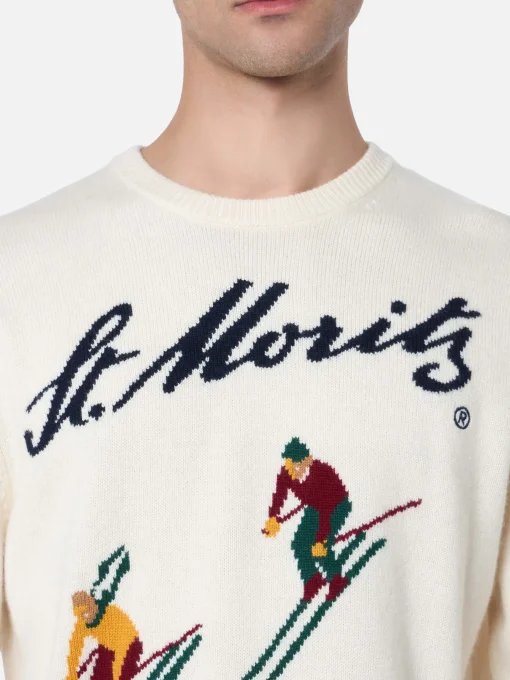 Maglione bianco da uomo Heron con stampa jacquard St. Moritz ski | ST. MORITZ TOP OF THE WORLD SPECIAL EDITION