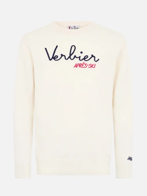 Maglione bianco da uomo Heron con ricamo Verbier apres ski