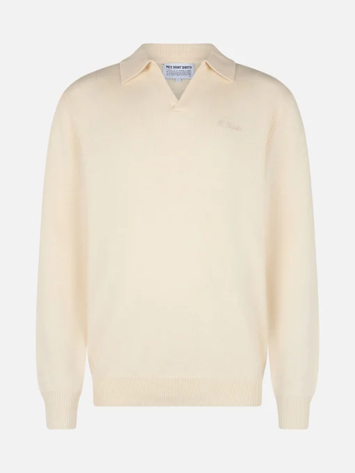 Maglione bianco da uomo misto cashmere con collo a polo Covent