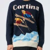 Maglione blu da uomo Heron con stampa cartolina coppia sci Cortina