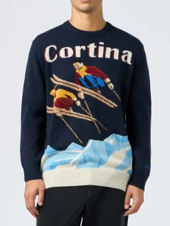 Maglione blu da uomo Heron con stampa cartolina coppia sci Cortina