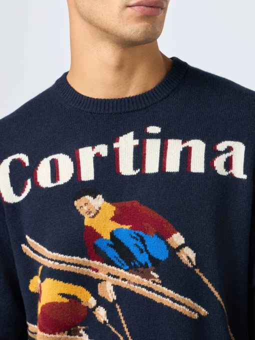 Maglione blu da uomo Heron con stampa cartolina coppia sci Cortina