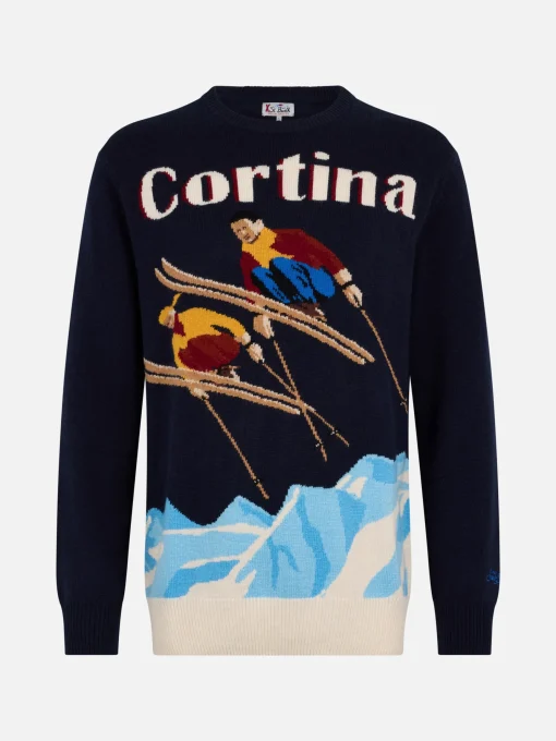 Maglione blu da uomo Heron con stampa cartolina coppia sci Cortina