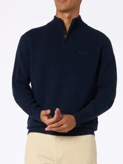 Maglione blu in Lambswool con cerniera a un quarto da uomo Jermyn
