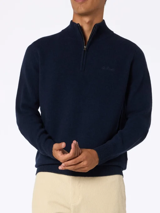Maglione blu in Lambswool con cerniera a un quarto da uomo Jermyn