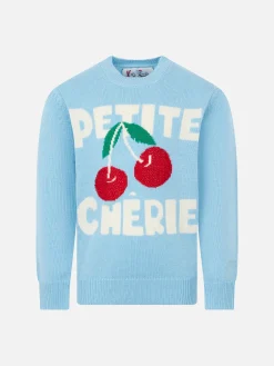 Maglione da bambina a girocollo con stampa ciliegie strass
