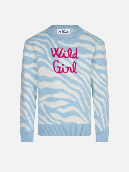 Maglione da bambina garzato stampa zebrata con ricamo Wild Girl