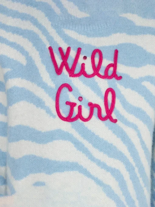Maglione da bambina garzato stampa zebrata con ricamo Wild Girl