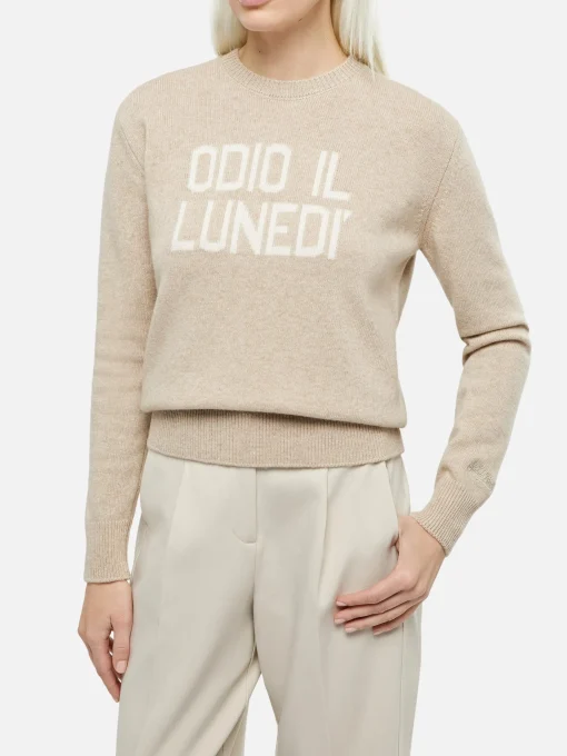 Maglione da donna beige New Queen con stampa Odio il Lunedì