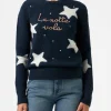 Maglione da donna blu New Queen con ricamo La notte vola e stampa stelle