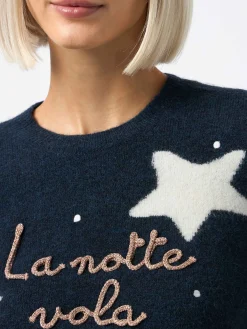 Maglione da donna blu New Queen con ricamo La notte vola e stampa stelle