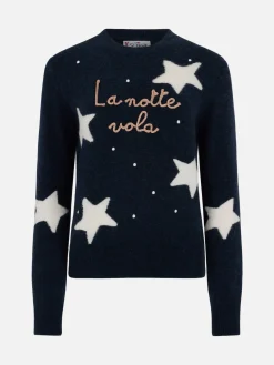 Maglione da donna blu New Queen con ricamo La notte vola e stampa stelle