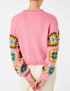 Maglione da donna girocollo ultra morbido con maniche lavorate all'uncinetto