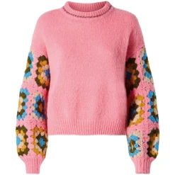 Maglione da donna girocollo ultra morbido con maniche lavorate all'uncinetto