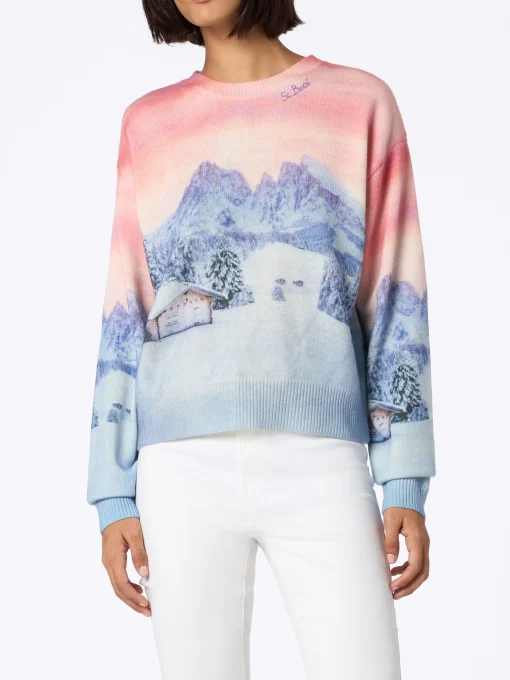 Maglione da donna in misto cashmere Louise con stampa tramonto chalet