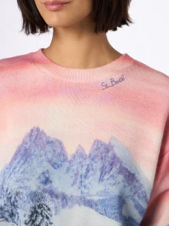 Maglione da donna in misto cashmere Louise con stampa tramonto chalet