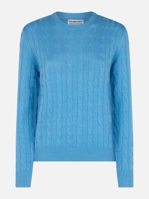 Maglione da donna in misto cashmere lavorato a maglia a trecce blu polvere Sorbonne