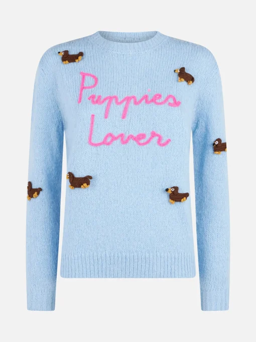 Maglione da donna in misto alpaca con patch cagnolini e ricamo Puppies Lover