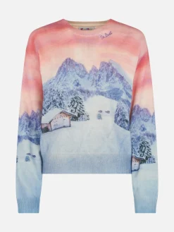 Maglione da donna in misto cashmere Louise con stampa tramonto chalet