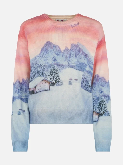 Maglione da donna in misto cashmere Louise con stampa tramonto chalet