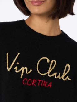 Maglione da donna nero New Queen con ricamo Vip club Cortina | VIP CLUB CORTINA SPECIAL EDITION