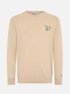 Maglione da uomo beige Heron con ricamo Out of office