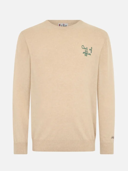 Maglione da uomo beige Heron con ricamo Out of office