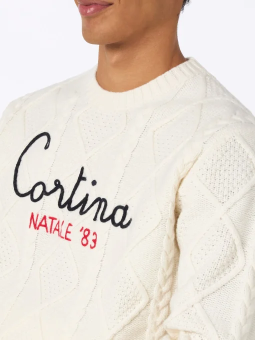 Maglione da uomo Bergen in misto cashmere lavorato a trecce con ricamo Cortina Natale '83