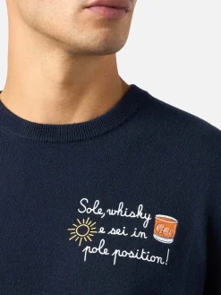 Maglione da uomo blu Heron Light con ricamo Sole, Whisky e sei in Pole Position! | VACANZE DI NATALE SPECIAL EDITION