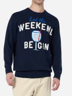Maglione da uomo blu Heron con stampa Let the Weekend be gin
