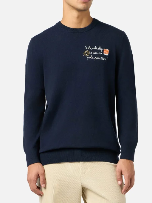 Maglione da uomo blu Heron Light con ricamo Sole, Whisky e sei in Pole Position! | VACANZE DI NATALE SPECIAL EDITION