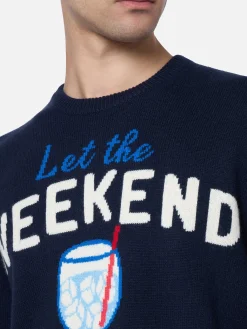 Maglione da uomo blu Heron con stampa Let the Weekend be gin
