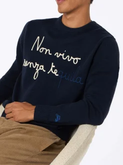 Maglione da uomo blu Heron con ricamo Non vivo senza tequila