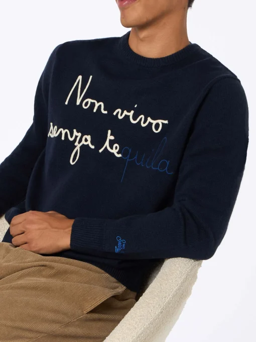 Maglione da uomo blu Heron con ricamo Non vivo senza tequila