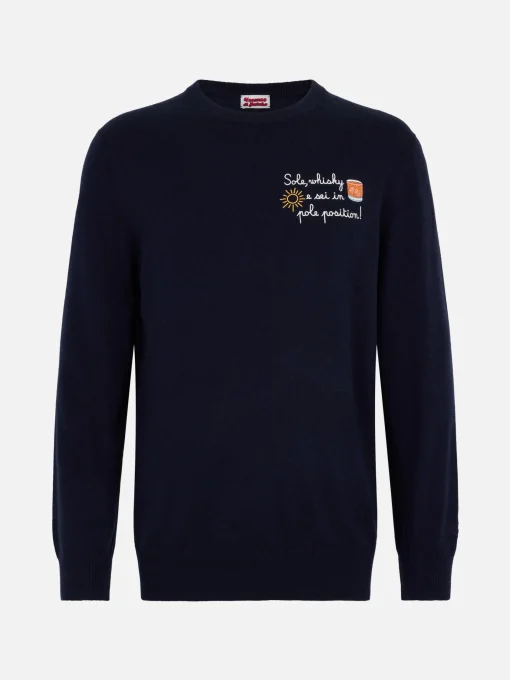 Maglione da uomo blu Heron Light con ricamo Sole, Whisky e sei in Pole Position! | VACANZE DI NATALE SPECIAL EDITION